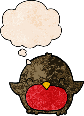 Bir insan tarafından çizilmiş grunge desenli düşünce baloncuklu penguen çizgi filmi.