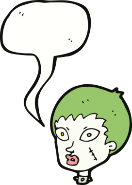 Bir insan tarafından çizilmiş konuşma balonlu dişi zombi kafası.