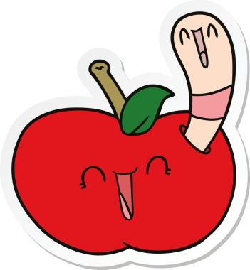 Bir insan tarafından çizilmiş mutlu bir elmanın içindeki solucanın çıkartması.