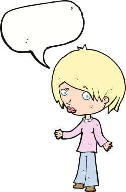 Bir insan tarafından çizilmiş konuşma balonu olan kafası karışık bir kadın çizgi filmi.