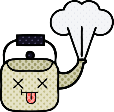 Bir insan tarafından çizilmiş dumanı tüten bir çaydanlığın çizgi romanı.