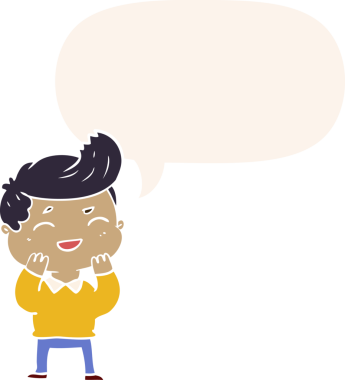 Bir insan tarafından çizilmiş eski tarz bir konuşma balonuyla gülen çizgi film adamı.