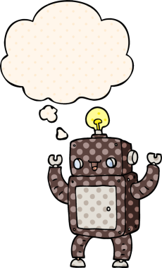 Çizgi roman tarzı düşünce baloncuğu olan çizgi film mutlu robotu bir insan tarafından çizildi.