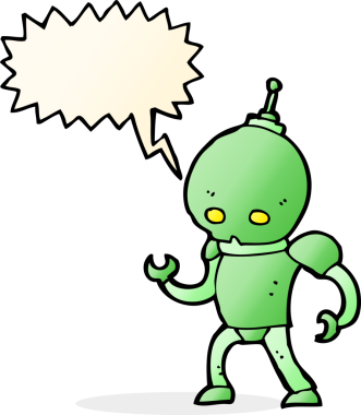 Bir insan tarafından çizilmiş konuşma balonlu uzaylı robot.