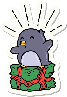 Bir insan tarafından çizilmiş dövme stili penguen etiketi.