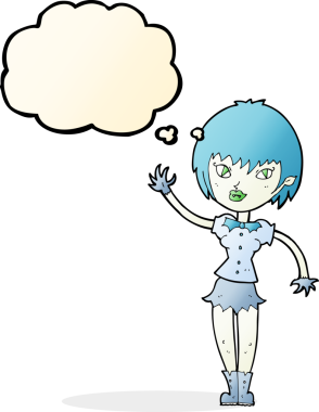 Bir insan tarafından çizilmiş düşünce balonlu vampir kız.