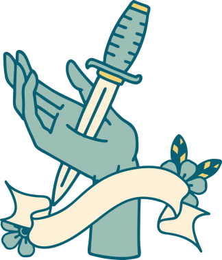 Geleneksel dövme, insan eliyle çizilmiş bir hançer sancağıyla.