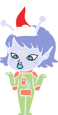 Bir insan tarafından çizilmiş Noel Baba şapkası giyen uzaylı bir kızın düz renkli çizimi.