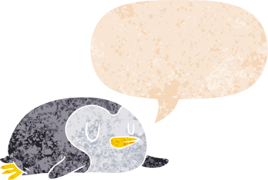 grunge 'da konuşma balonu olan karikatür pengueni bir insan tarafından çizilmiş tedirgin geçmiş dokulara sahip.