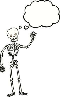 Bir insan tarafından çizilmiş düşünce baloncuklu iskelet sallayan bir çizgi film.