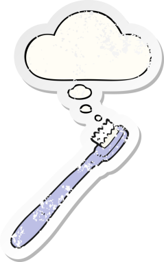 Düşünce baloncuklu karikatür diş fırçası bir insan tarafından çizilmiş yıpranmış bir çıkartma.