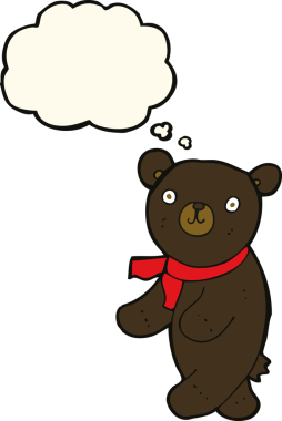 Bir insan tarafından çizilmiş düşünce baloncuklu siyah oyuncak ayı.