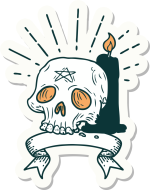 Bir dövme stili, ürkütücü kafatası ve bir insan tarafından çizilmiş mum.