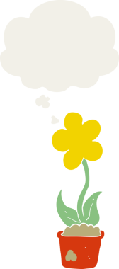 Bir insan tarafından çizilmiş düşünce baloncuğu olan sevimli bir karikatür çiçeği.