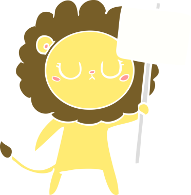 Düz renkli çizgi film aslanı. Protesto işareti insan tarafından çizilmiş.