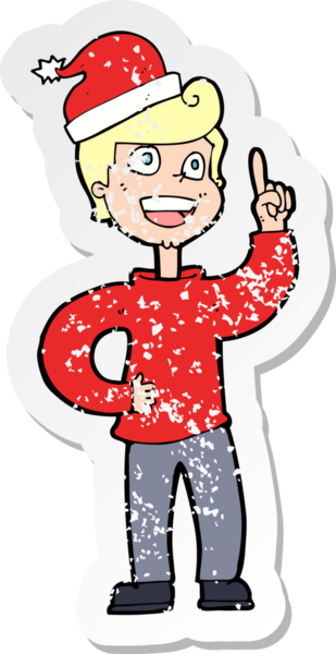 Bir insan tarafından çizilmiş Noel 'e hazır karikatürcü bir adamın gerilimli çıkartması.