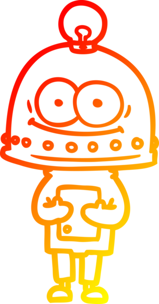 Bir insan tarafından çizilmiş ampullü mutlu bir robot çizimi.