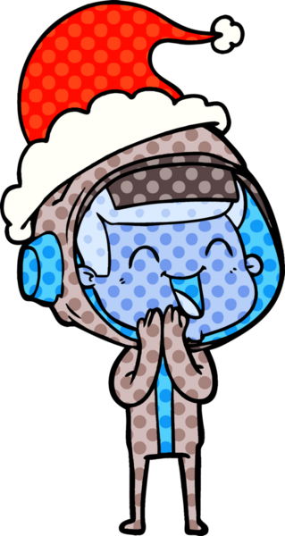 Bir insan tarafından çizilmiş Noel Baba şapkası giyen bir astronotun çizdiği mutlu el çizimi çizgi roman tarzı.