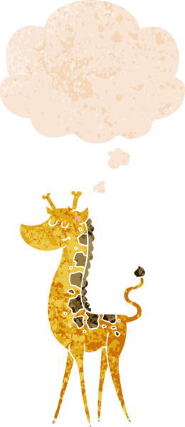 Düşünce baloncuğu ile çizgi film zürafası grunge sıkıntılı retro stili bir insan tarafından çizilmiş