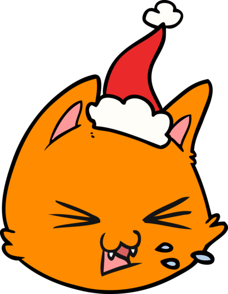 Bir insan tarafından çizilmiş Noel Baba şapkası giymiş kedi suratlı bir çizim.