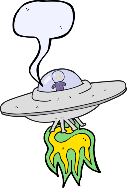 Bir insan tarafından çizilmiş serbest konuşma balonu karikatürü uzaylı uçan daire.