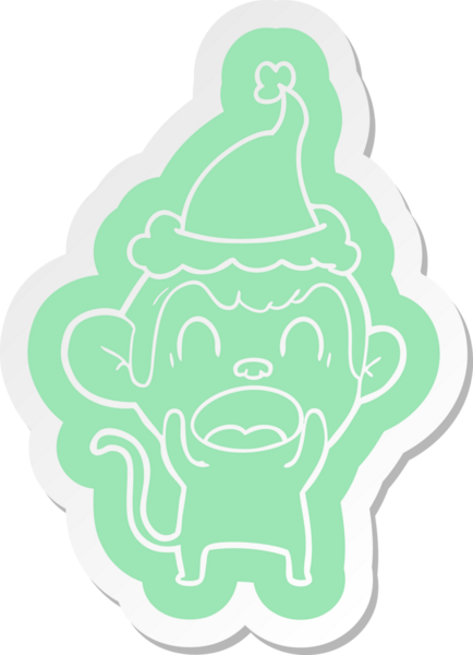 Bir insan tarafından çizilmiş Noel Baba şapkası giyen bir maymunun garip bir çizgi film çıkartması.