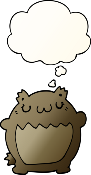 Bir insan tarafından çizilmiş yumuşak eğimli düşünce baloncuklu çizgi film ayısı.