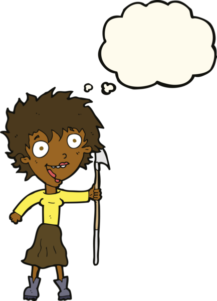 Bir insan tarafından çizilmiş düşünce balonlu mızraklı çılgın kadın.