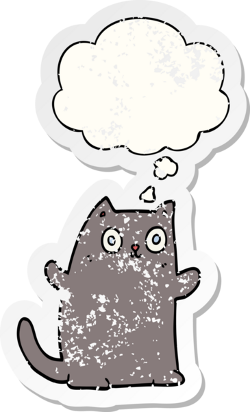 Düşünce baloncuğu olan çizgi film kedisi insan tarafından çizilmiş yıpranmış bir çıkartma.