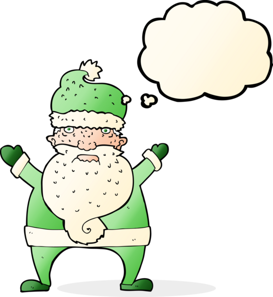 Bir insan tarafından çizilmiş düşünce baloncuklu çirkin noel baba.