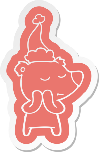 Bir insan tarafından çizilmiş Noel Baba şapkası giyen bir kutup ayısının komik çizgi film çıkartması.