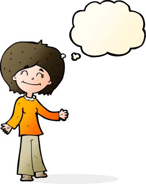 Bir insan tarafından çizilmiş düşünce balonlu mutlu kadın çizgi filmi.