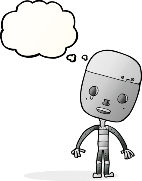 bir insan tarafından çizilmiş konuşma balonlu üzgün robot çizgi filmi.