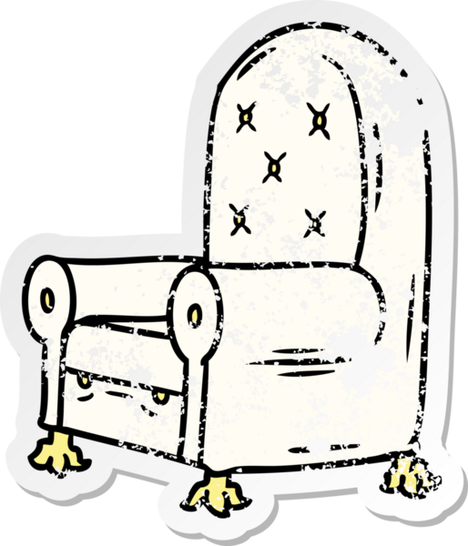 Bir insan tarafından çizilmiş mavi bir koltuğun çizilmiş, kederli bir çıkartma karikatürü.