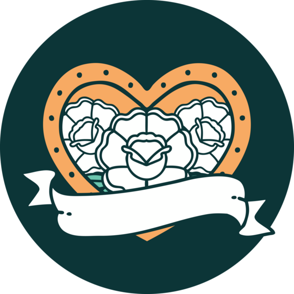 İkonik dövme stili bir kalp ve bir insan tarafından çizilmiş çiçekli pankart.