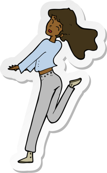 Bir insan tarafından çizilmiş, mutlu bir kızın bacağını tekmeleyen bir çizgi film çıkartması.