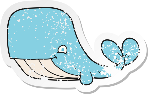 Bir insan tarafından çizilmiş mutlu balina çizgi filminin kederli retro yapıştırması.