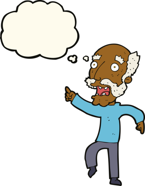 Çizgi film, bir insan tarafından çizilmiş düşünce balonuyla korkmuş yaşlı bir adam.