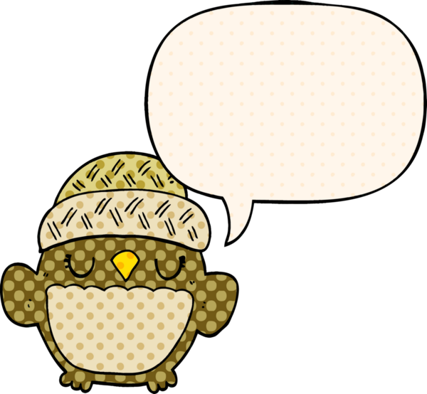 Bir insan tarafından çizilmiş çizgi roman tarzında konuşma balonu olan şapkalı sevimli bir baykuş.