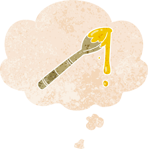 çizgi film kaşık dolusu bal. Düşünce baloncuğu, grunge 'da sıkıntılı retro desenli bir insan çizimi.