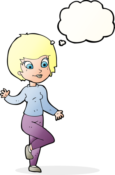 Bir insan tarafından çizilmiş düşünce baloncuğuyla el sallayan çizgi film kadını.