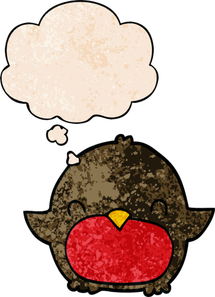 Bir insan tarafından çizilmiş grunge desenli düşünce baloncuklu penguen çizgi filmi.