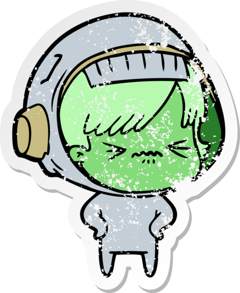 Bir insan tarafından çizilmiş karikatür astronot kadının sıkıntılı çıkartması.