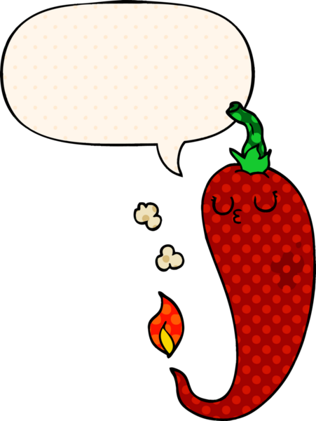 Bir insan tarafından çizilmiş çizgi roman tarzında konuşma balonlu sıcak kırmızı biber çizgi filmi.