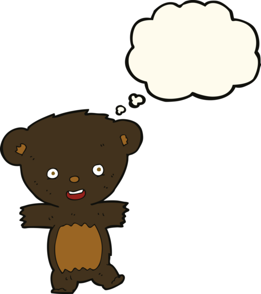 Bir insan tarafından çizilmiş düşünce baloncuklu oyuncak ayı yavrusu.