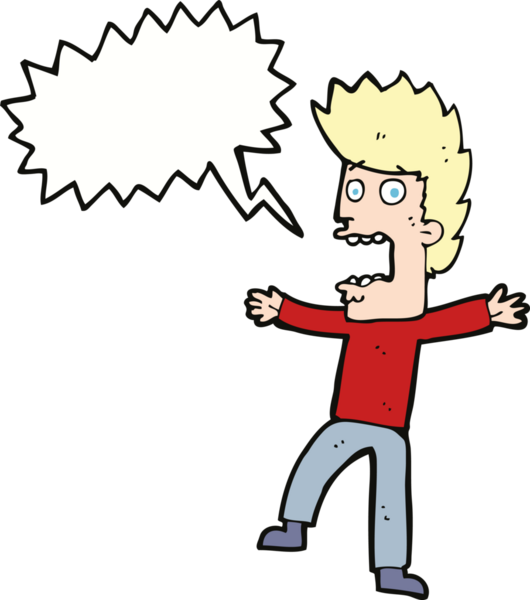 Bir insan tarafından çizilmiş, konuşma balonuyla dehşete düşmüş bir adam.