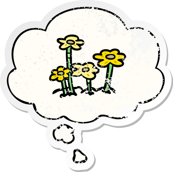 Düşünce baloncuklu karikatür çiçekleri bir insan tarafından çizilmiş yıpranmış bir çıkartma gibi.