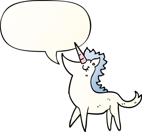 tek boynuzlu at çizgi filmi, konuşma baloncuğu ve bir insan tarafından çizilmiş düzgün bir gradyan stili.