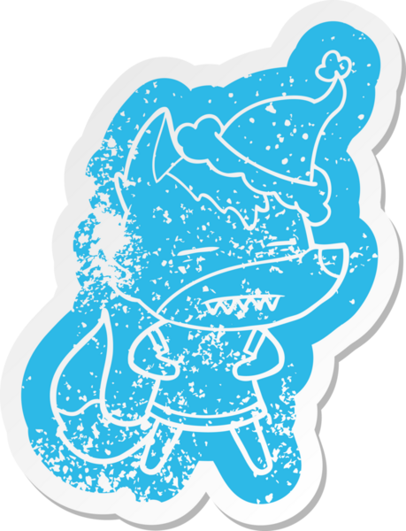 Garip çizgi film, bir insanın çizdiği Noel Baba şapkasını takan dişlerini gösteren bir kurt çıkartması.