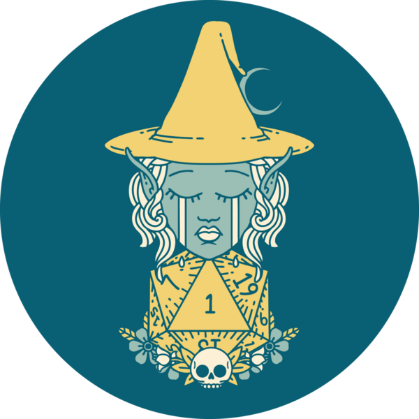 Retro Dövme Tarzı Ağlayan Elf Cadı Doğal bir D20 rulo ile Bir insan tarafından çizilmiş